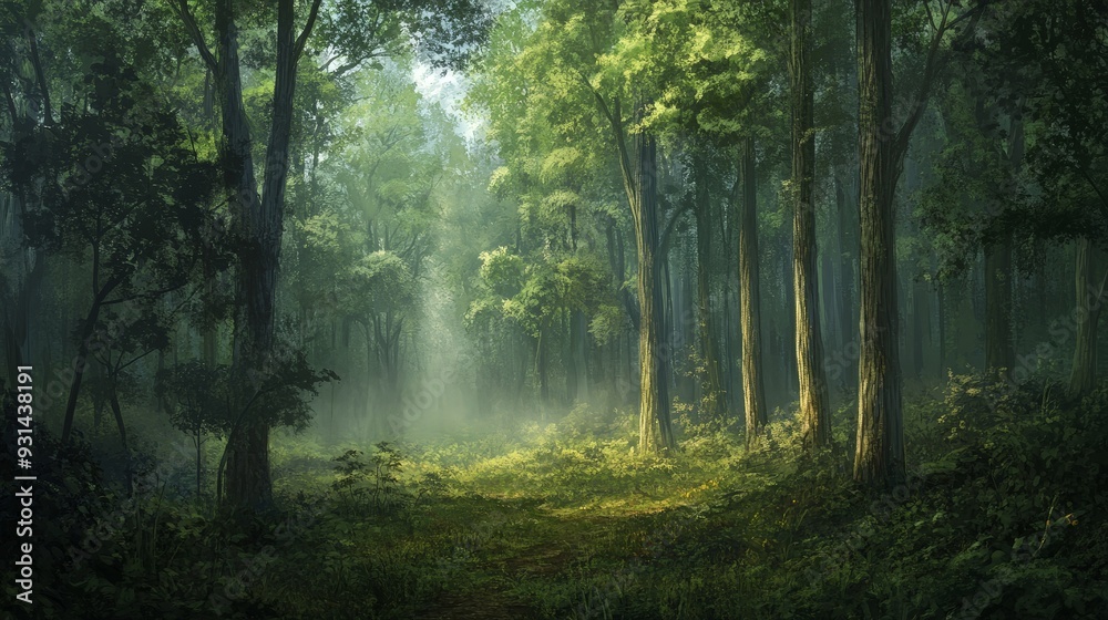 Naklejka premium A serene forest with a gentle mist hovering over the ground. The fog creates a dreamy,