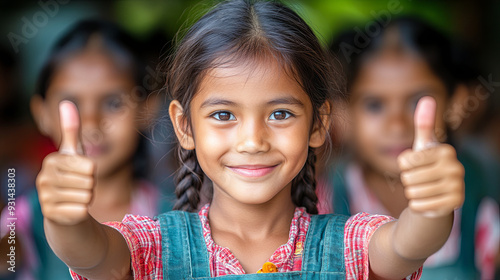 Smiling girl giving thumbs up during classroom activity in a vibrant school setting