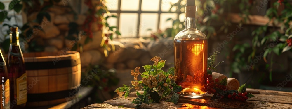 Rustic bottle of alcohol on a wooden table with a sunlit background Rustic bottle of alcohol on a wooden table with a sunlit background