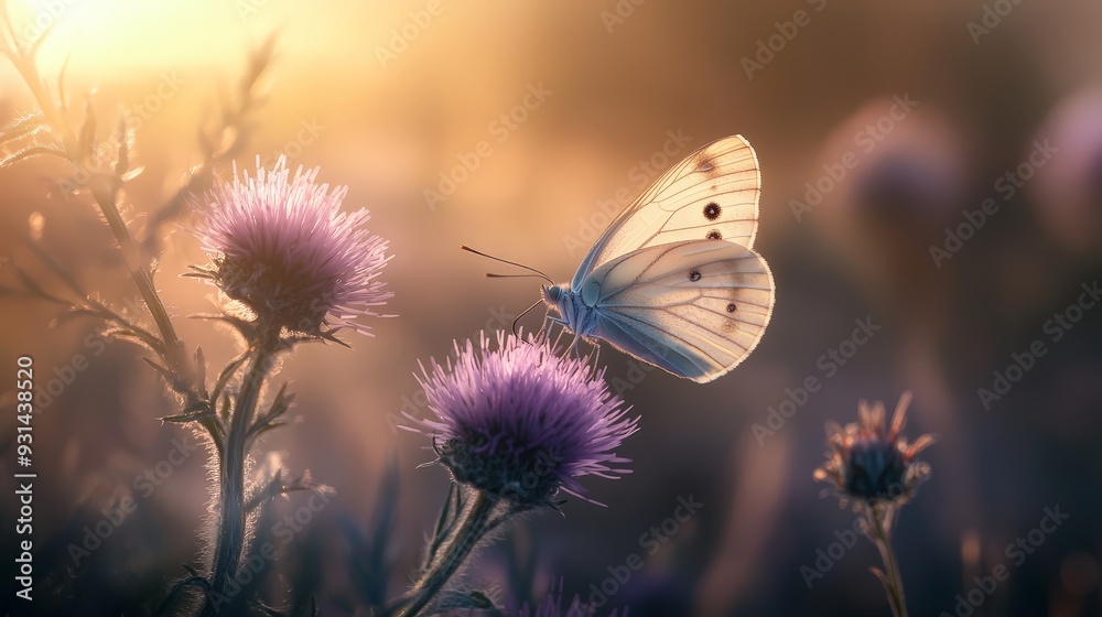 Naklejka premium A serene image of a butterfly perched on a soft, purple thistle in a sunlit meadow. The delicate beauty