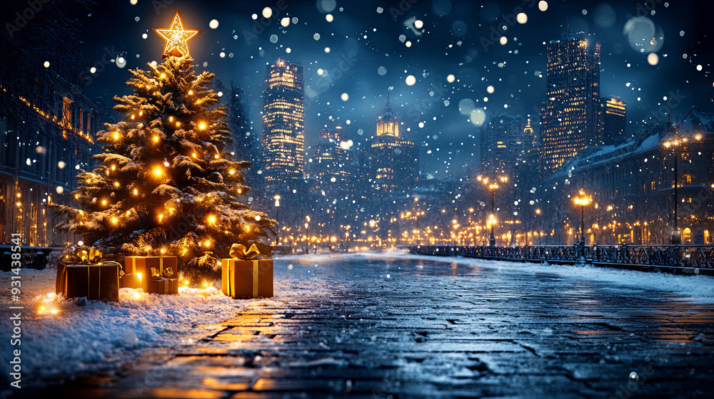 Obraz premium Snow falling on a decorated Christmas tree with gifts at night in a cityscape