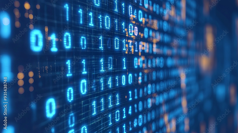 Digital binary code displayed on a glowing screen at night, creating a tech-inspired atmosphere Digital binary code displayed on a glowing screen at night, creating a tech-inspired atmosphere