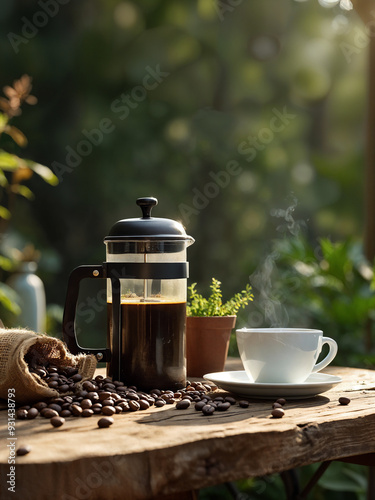 French press coffee maker sitting on top of a wooden table next to a cup of coffee, with coffee beans scattered around it and a small plant in a jute bag beside it. The background is slightly blurred