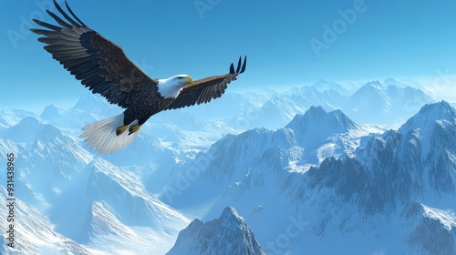 A serene image of a majestic eagle soaring high above a mountain range. The eagle's powerful