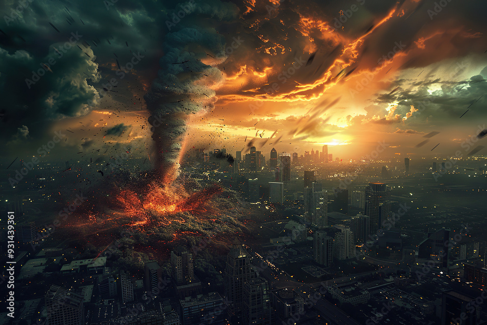 Generative ai on theme of scary huge hurricane fire tornado, apocalyptic dramatic background Generative ai on theme of scary huge hurricane fire tornado, apocalyptic dramatic background