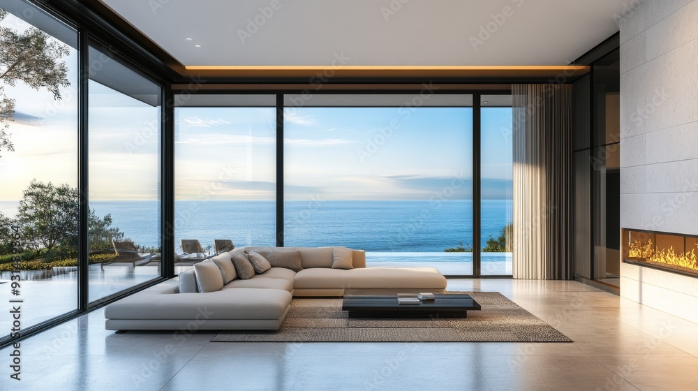 Modern living room interior with a panoramic window and sea view Modern living room interior with a panoramic window and sea view