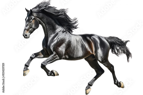 A majestic black horse gallops gracefully, showcasing its strength and beauty in motion against a transparent background.