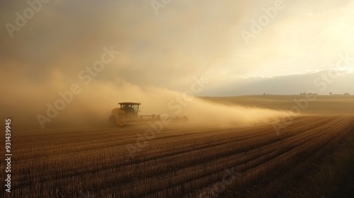 Dust rising from combine during crop harvesting, no-till technology professional occupation