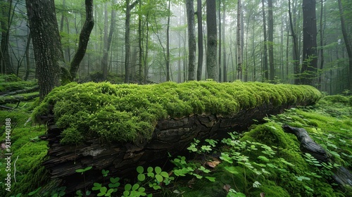 A serene forest scene featuring a moss-covered log surrounded by lush greenery and mist, evoking tranquility and nature's beauty. photo