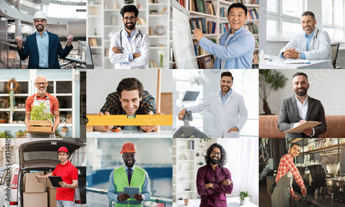 A collage featuring various professionals working in different industries. They are all smiling and appear to be confident and happy in their respective roles. photo