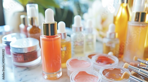 Luxurious beauty and skincare vanity featuring a variety of lip glosses serums and organic cleansers