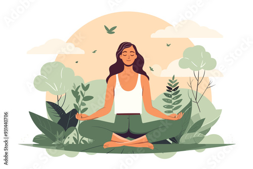 Young woman meditating in a lotus pose, on fresh nature background, flat vector illustration.