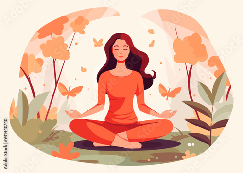 Young woman meditating in a lotus pose, on orange color nature background, flat vector illustration.