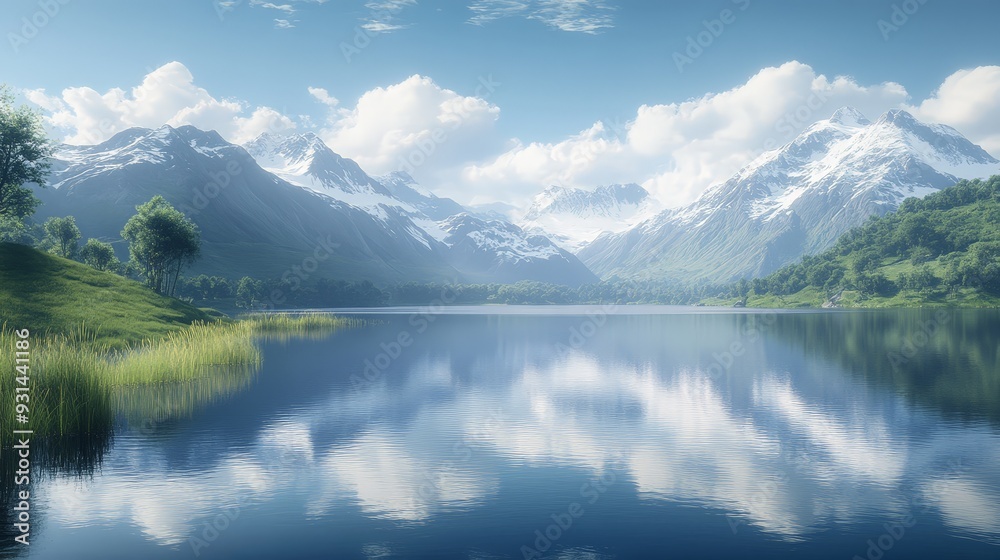 A serene scene of a tranquil lake surrounded by majestic mountains. A serene scene of a tranquil lake surrounded by majestic mountains.
