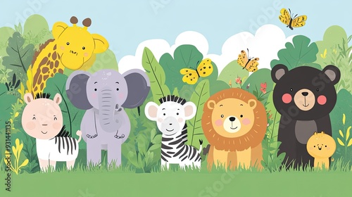 Adorable cartoon animals in a jungle setting with butterflies flying overhead.