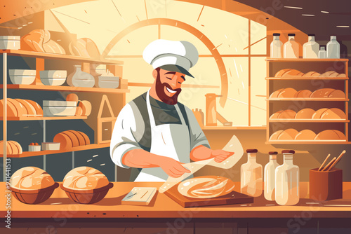 Cheerful baker in uniform standing in an old rustic bakery and preparing newly baked bread. A cheerful baker preparing fresh bread in a cozy bakery.