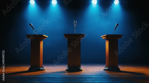 Debate or speech stage with microphones under a spotlight