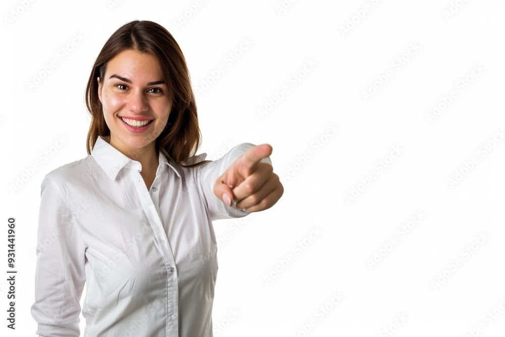 Happy woman and portrait pointing at you for business recruitment on a white background. ,generative ai Happy woman and portrait pointing at you for business recruitment on a white background. ,generative ai