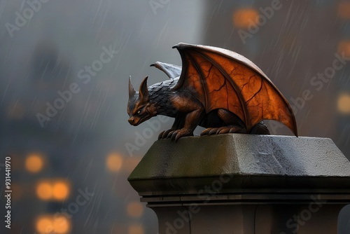 Gargoyle statue, rainsoaked stone, cityscape background, Watercolor style photo