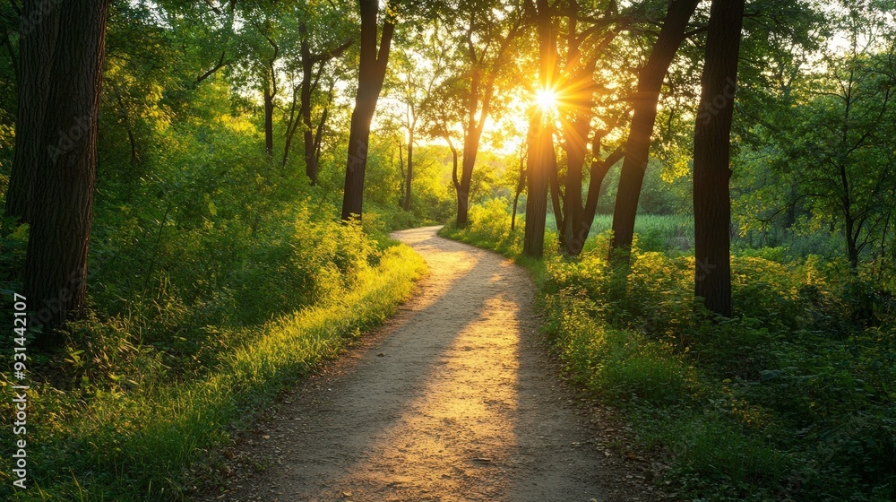 A serene summer afternoon on a scenic hiking trail. The sun filters through the trees, casting a warm