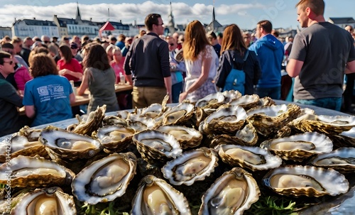 At the Galway International Oyster Festival, a long table is filled with fresh oysters, set against the backdrop of Galway city. The scene is vibrant and festive, showcasing the event's lively atmosph