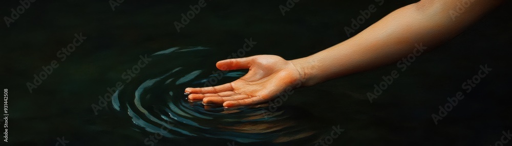 Fototapeta premium Pale hand, reaching from a dark pool, grasping for light, Watercolor style