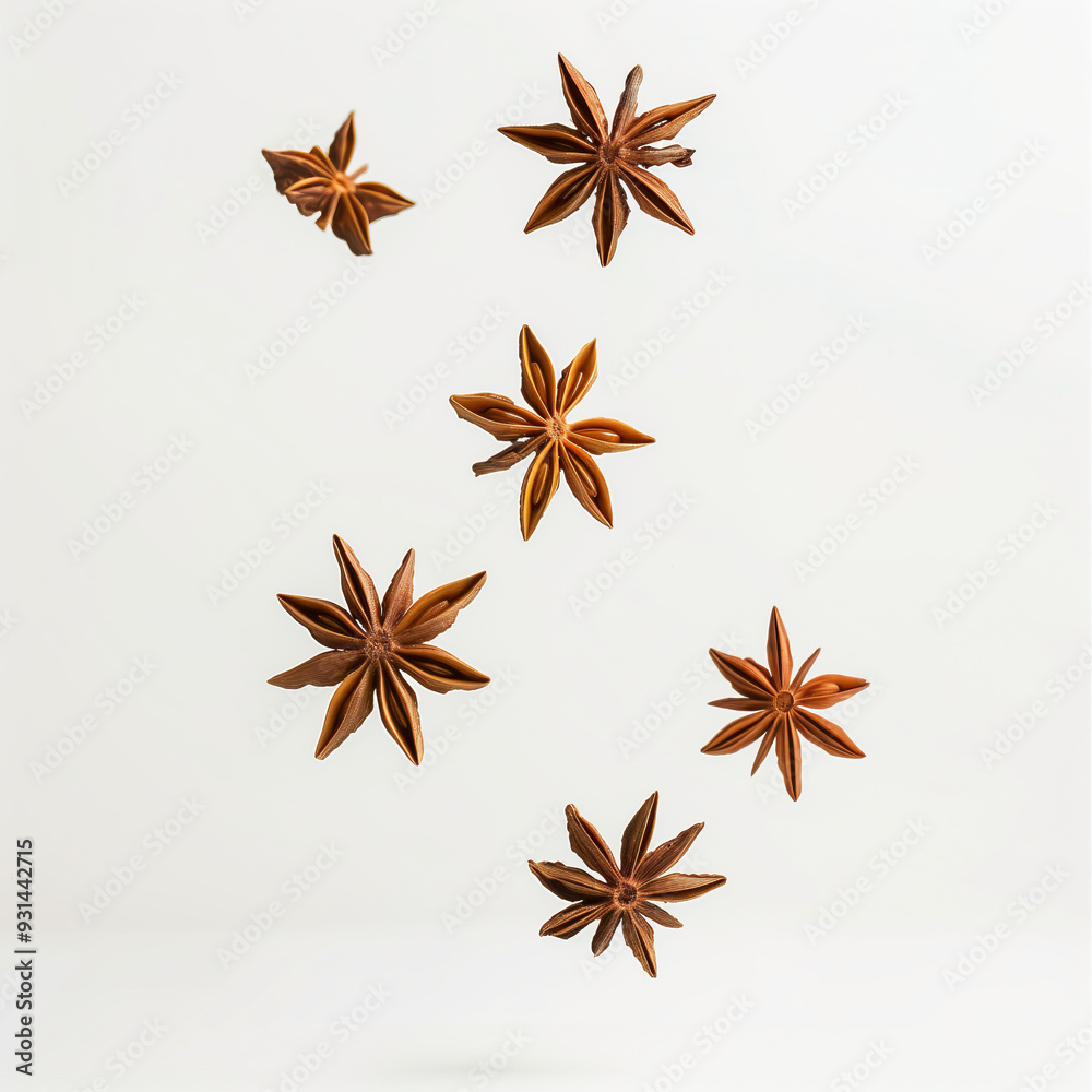 Floating star anise flakes and pieces on white background Floating star anise flakes and pieces on white background