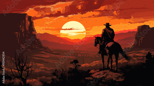 A lone cowboy rides his horse on a rocky outcrop, gazing at the vibrant sunset illuminating the expansive western landscape filled with mountains and sparse vegetation.