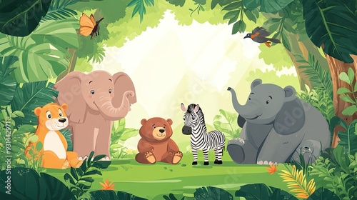Fototapeta Naklejka Na Ścianę i Meble -  Cartoon animal friends, a bear, a zebra, two elephants, and a bird in a jungle setting.