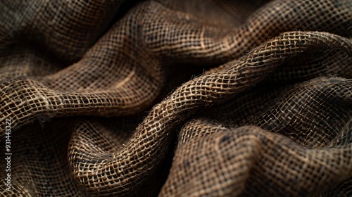 Dark brown and black background of dense woven bagging fabric closeup Structure of the umber cloth with natural texture Cloth backdrop : Generative AI photo