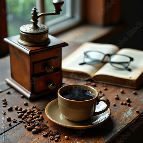 a cup of coffee sitting on top of a wooden table next to a coffee grinder, with a saucer and coffee beans scattered around it. There is also a book and a pair of spectacles on the table, and a window 