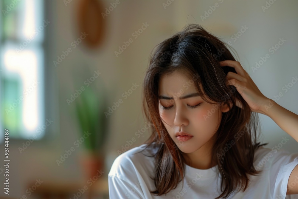 Lady Stressed. Asian Woman Suffering from Migraine and Stress indoors Lady Stressed. Asian Woman Suffering from Migraine and Stress indoors