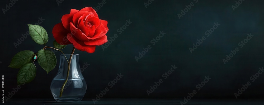 Fototapeta premium Bloodred rose, dark petals, withering in a glass vase, Watercolor style