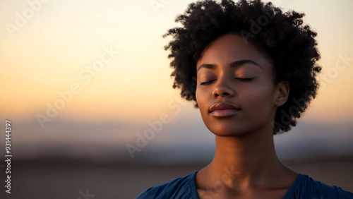 Close-up portrait of black woman with eyes closed and head tilted back, looking up at the sky with peaceful expression; beautiful cloudy sunset in background.