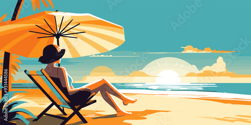Woman relaxing on the ocean coast beach, while sitting in the deck chair under the umbrella shade and enjoying a sunset view, vector illustration.