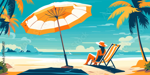 Woman sitting in the deck chair on a sunny seacoast with palms and umbrella, vector illustration.