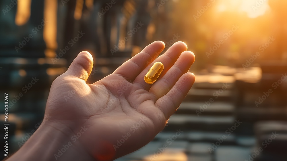 A hand holding a small golden capsule, blurred ancient temple ruins in the background, soft, warm lighting with gentle shadows, detailed textures with a focus on the capsule s metallic sheen, A hand holding a small golden capsule, blurred ancient temple ruins in the background, soft, warm lighting with gentle shadows, detailed textures with a focus on the capsule s metallic sheen,