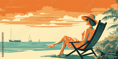Retro style vector illustration of a lady with hat, sitting in the deck chair on a seashore.