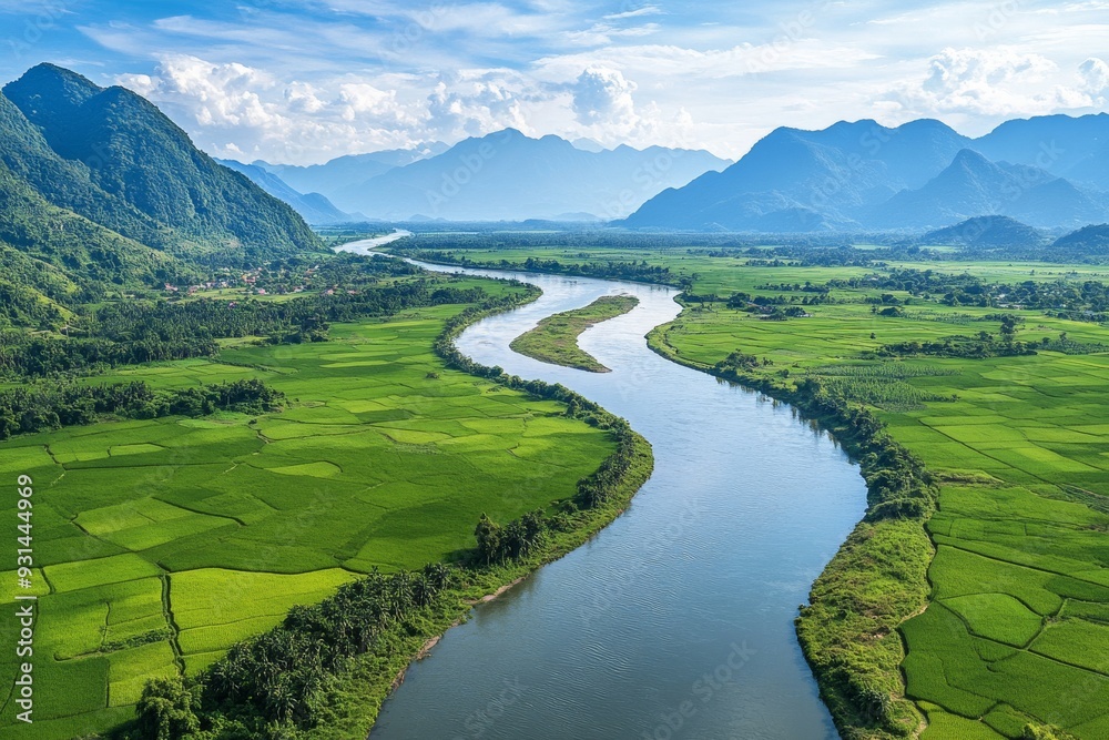 Aerial view of the majestic River winding through lush green rice fields and tropical forests, with mountains in the background. Aerial view of the majestic River winding through lush green rice fields and tropical forests, with mountains in the background.