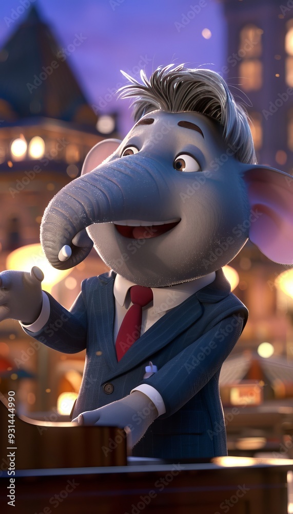 Smiling Elephant Pianist in Suit Performing at Christmas Market, Festive Holiday Cheer, 3D Render Smiling Elephant Pianist in Suit Performing at Christmas Market, Festive Holiday Cheer, 3D Render