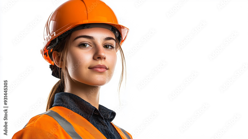 Young serious woman wearing protective helmet. Young serious woman wearing protective helmet.