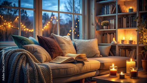 cozy reading nook comfortable couch warm lighting open book relaxed afternoon introspective mindfulness