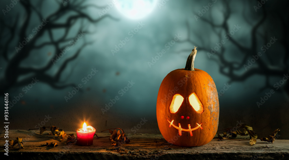 Naklejka premium halloween pumpkin head jack lantern with burning candles, Spooky Forest with a full moon and wooden table, Pumpkins In Graveyard In The Spooky Night - Halloween Backdrop