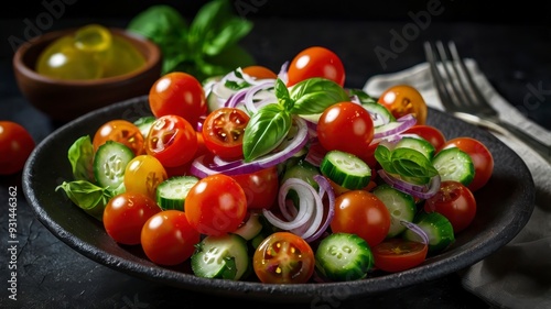 Cherry tomato salad with cucumbers, basil, and onions on dark background