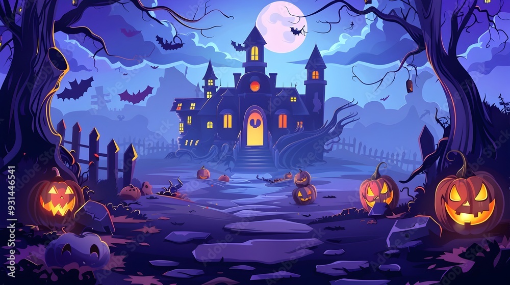 Spooky Haunted Castle in Enchanted Forest on Halloween Night Spooky Haunted Castle in Enchanted Forest on Halloween Night