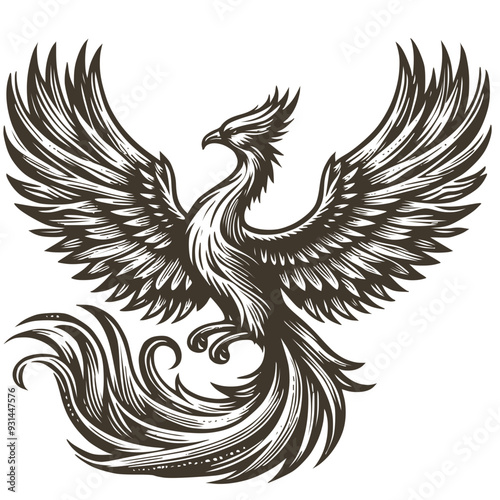 Vector illustration of a phoenix  in style of woodcut engraving