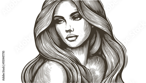 Vector drawing of a woman head with a long hair in style of woodcut engraving