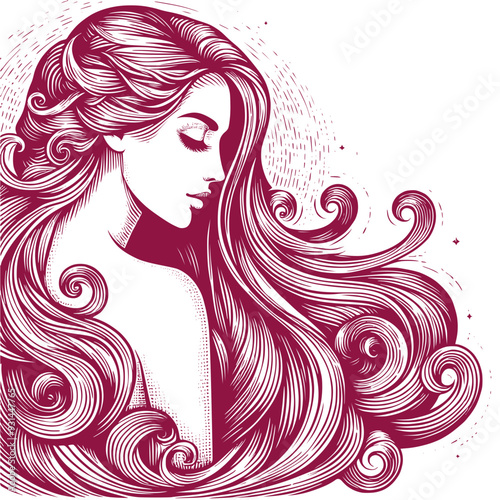 Vector drawing of a woman head with a long hair in style of woodcut engraving