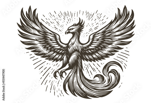 Vector illustration of a phoenix  in style of woodcut engraving