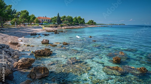 Nature landscape view of beautiful tropical beach and sea in sunny day Beach sea space areabeautiful sandy beach in the city of Umag Croatia : Generative AI photo